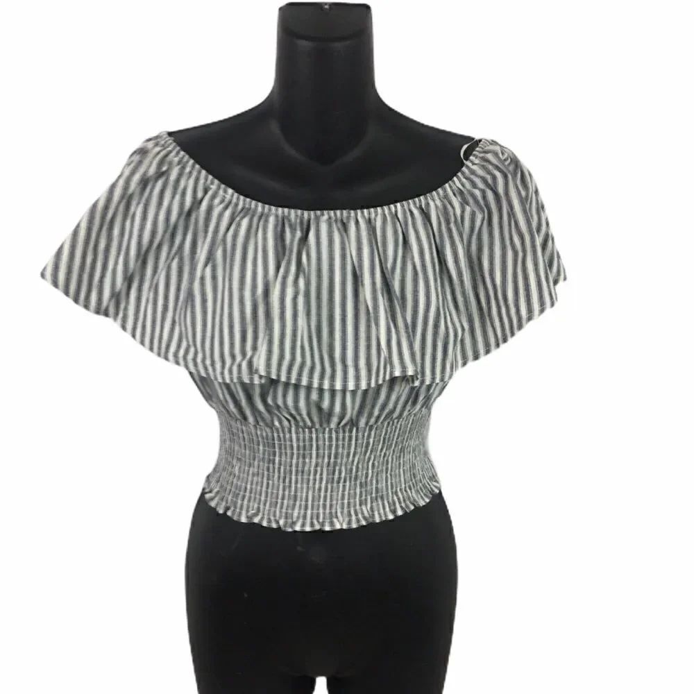 Flying Tomato blue & Ivory striped ruffle crop too
